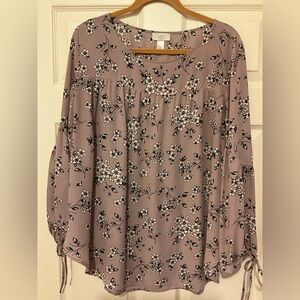 LOFT XL Lavender Floral Print Women's Top with Tie Sleeves STUNNING